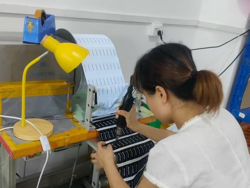 Female-worker-inspecting-custom-woven-fabric-keychain-strips-with-manual-tools.jpg