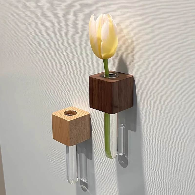 Minimalist Square Wood Glass Tube Magnetic Flower Vase