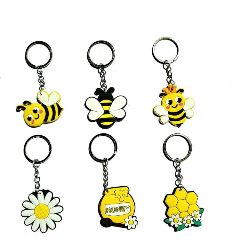 Bee and flower soft PVC keychains with black metal hardware