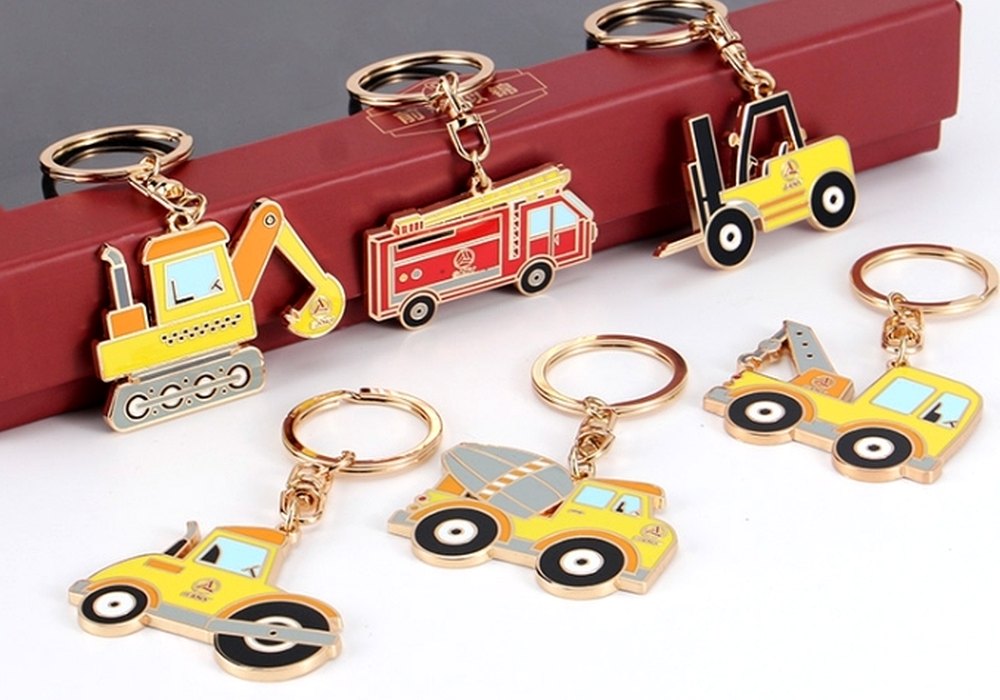 Construction vehicle custom metal keychains with enamel color detail