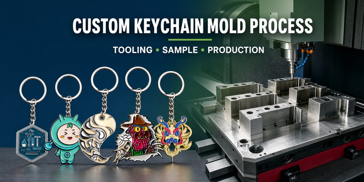Custom keychain mold process with finished metal keychains and CNC tooling