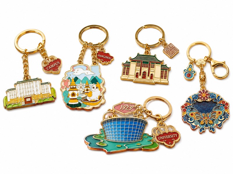 Custom metal enamel keychains with English campus and heritage designs
