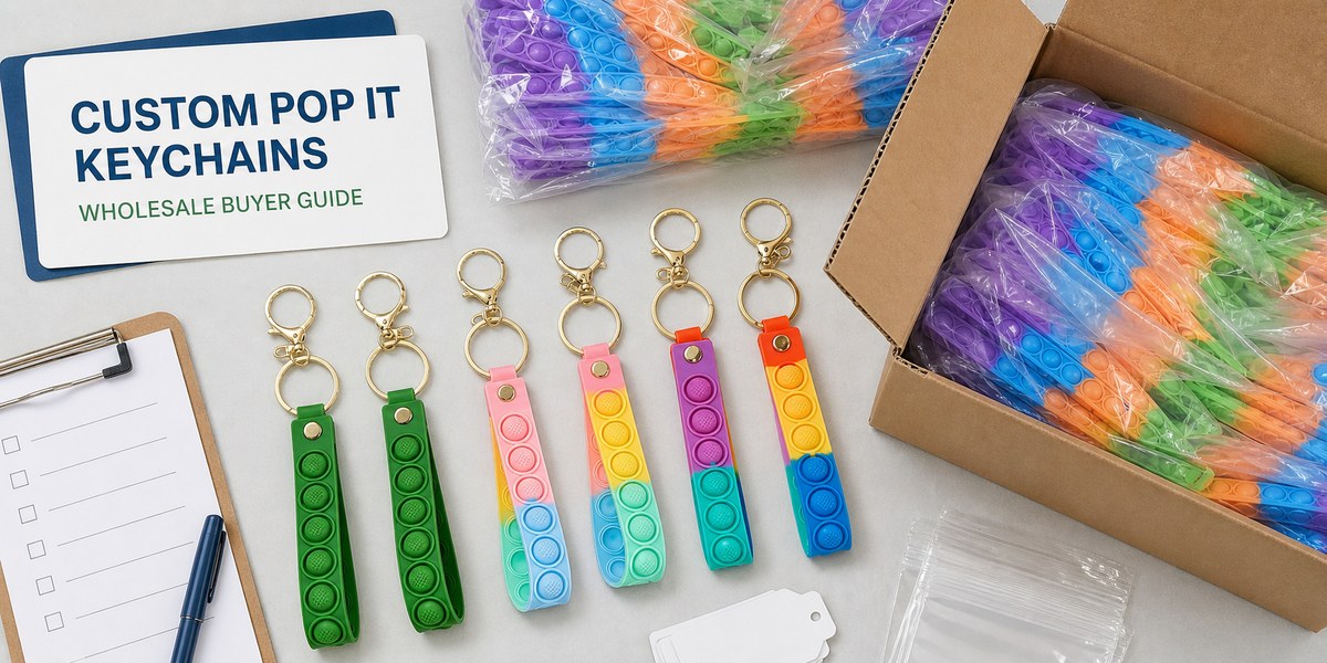 Custom pop it keychains wholesale buyer guide with colorful products and bulk packaging
