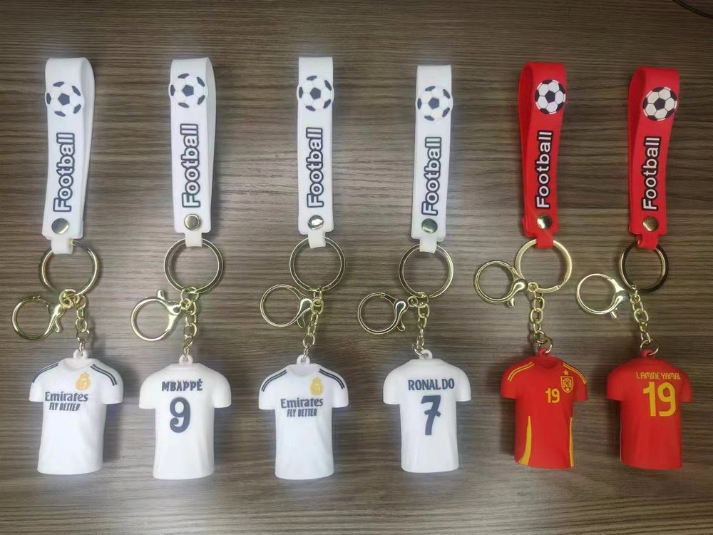 Football jersey PVC custom keychains with strap and metal rings