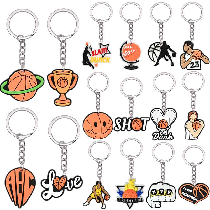 Sports promotional soft PVC keychains with assorted attachments