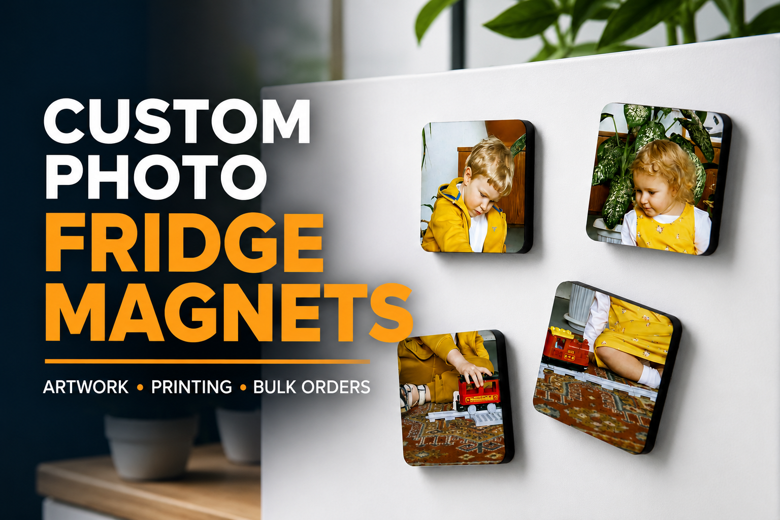 Custom photo fridge magnets on a kitchen cabinet