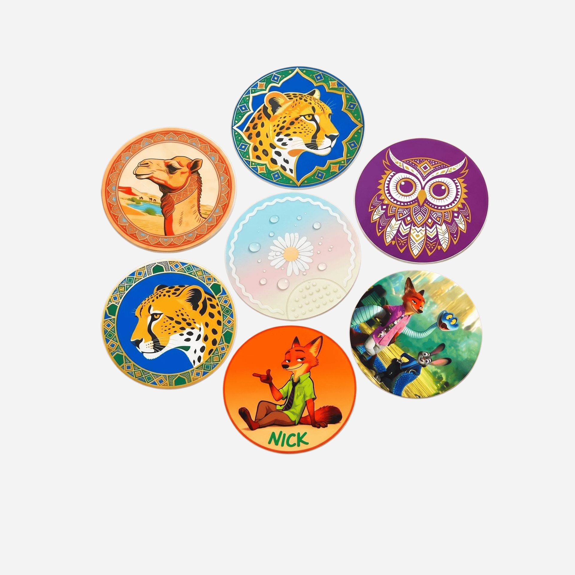 Custom PVC coasters with anime characters and wildlife prints