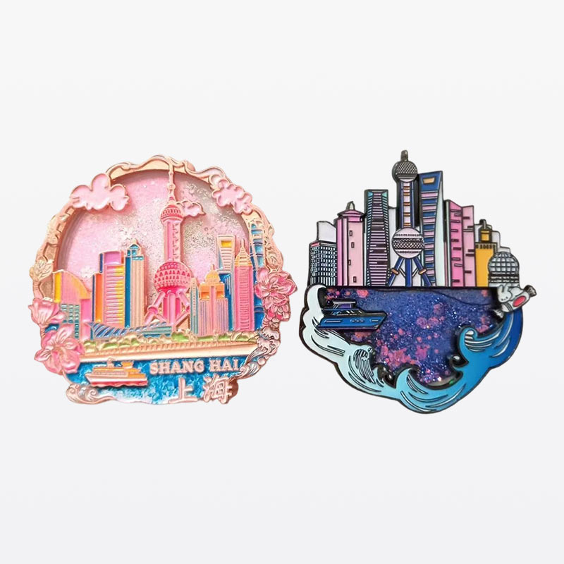 Shanghai City Skyline Metal Fridge Magnet Set Oriental Pearl Tower Quicksand
