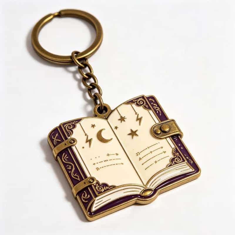 Antique book shaped custom metal keychain sample