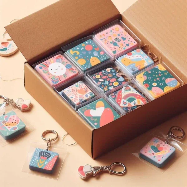 Bulk custom keychains packed in individual clear bags