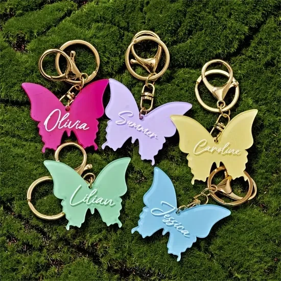 Personalized butterfly acrylic keychains in multiple colors