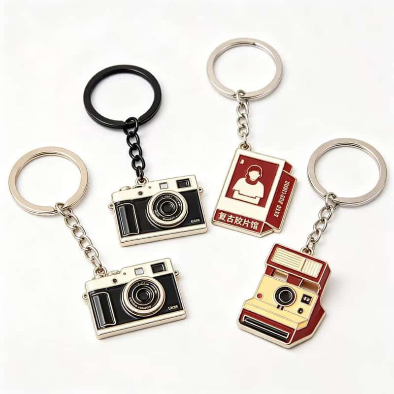 Camera shaped metal keychains with custom enamel colors