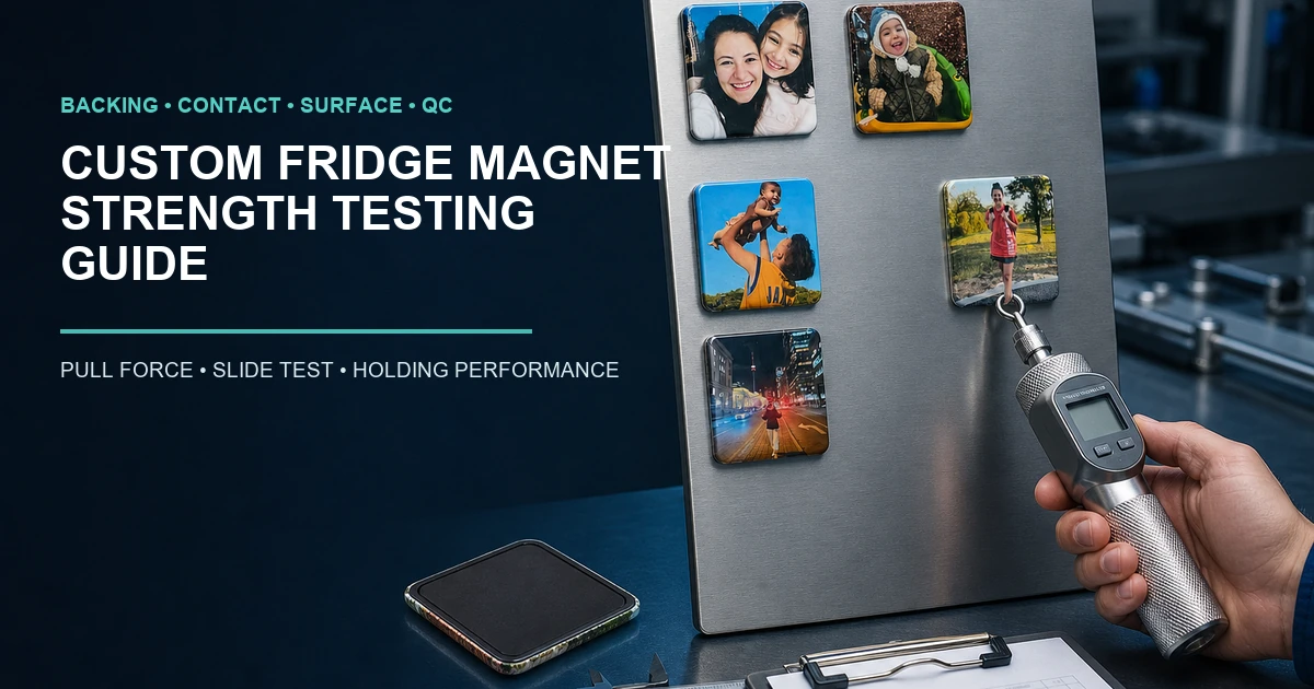 Custom fridge magnet strength testing with pull-force gauge on a steel test plate