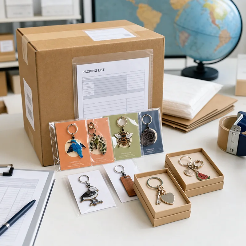 Custom keychains prepared for international shipping and customs