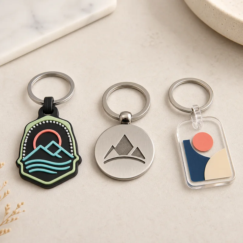 Custom keychains with logo in soft PVC, metal, and acrylic