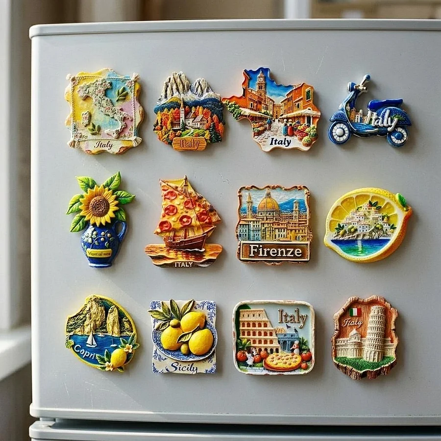 Custom Italy souvenir fridge magnets holding on a refrigerator door