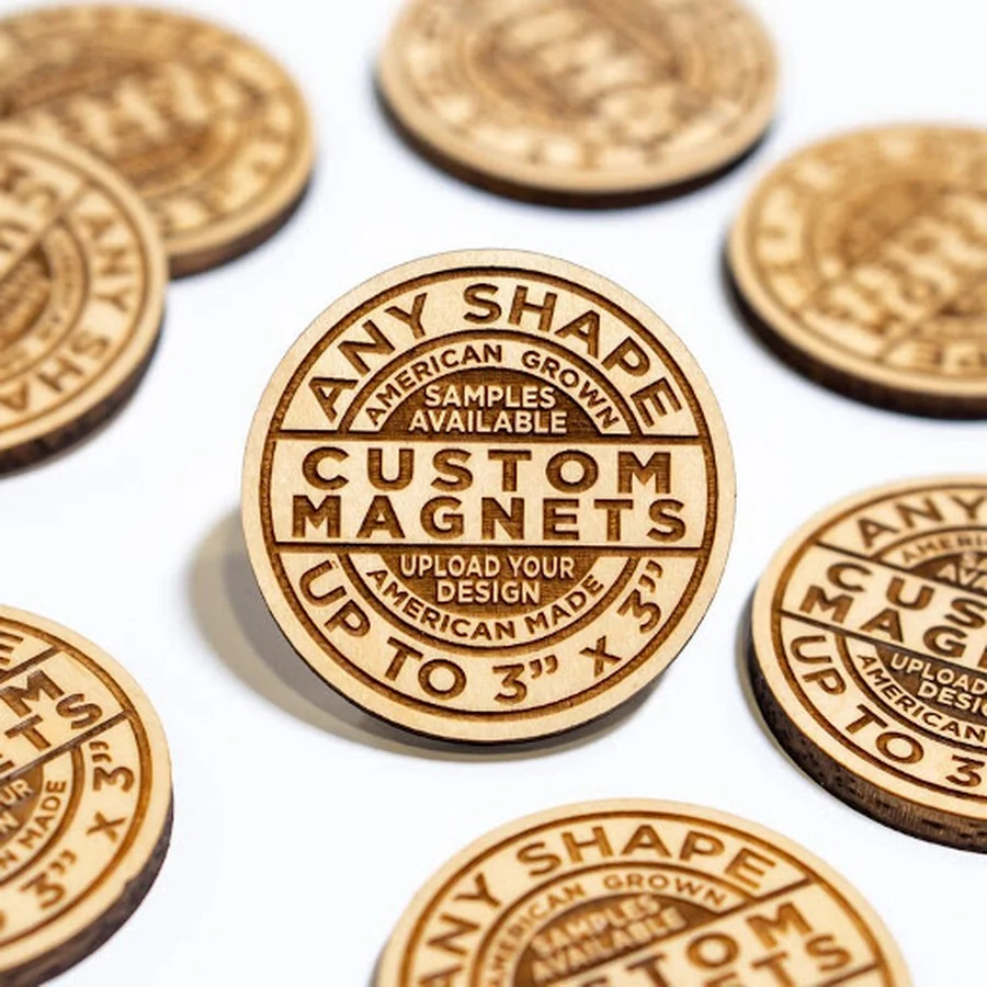 Laser engraved round custom wood fridge magnets