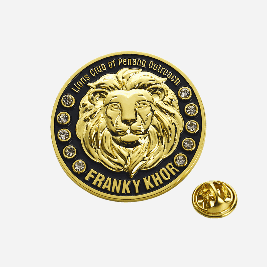 Gold Plated Lion Head Rhinestone Custom Round Metal Pin