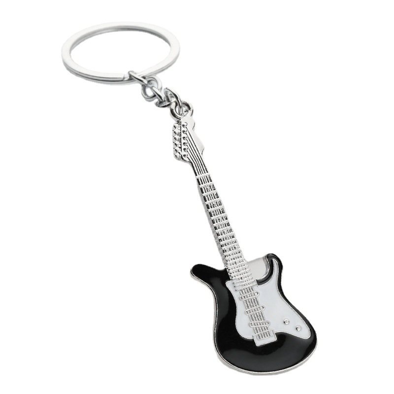 Guitar shaped metal keychain with dark plated finish