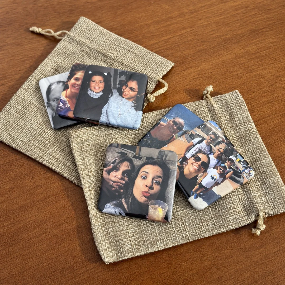 Custom photo fridge magnets in burlap pouches - real product buyers receive