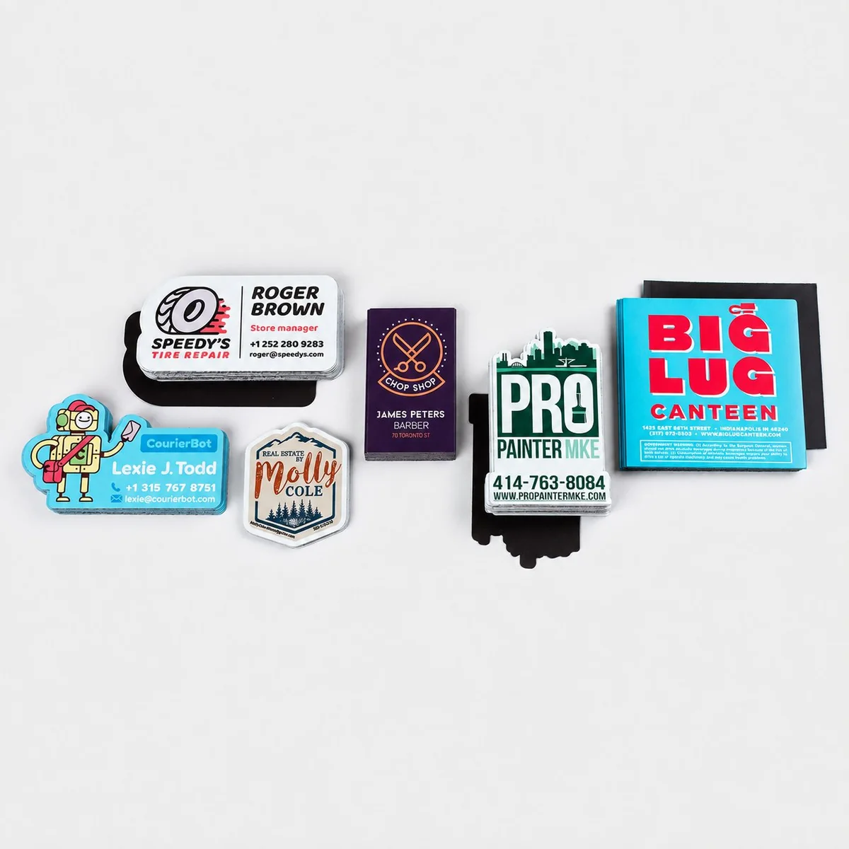 Branded custom fridge magnets for local businesses including auto repair, barber, restaurant and painter