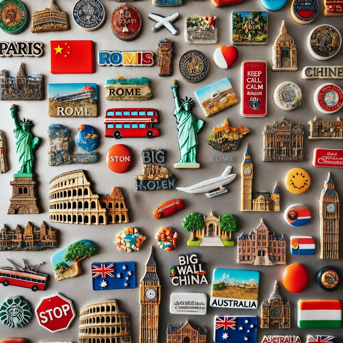 Travel souvenir fridge magnets featuring European and world landmarks