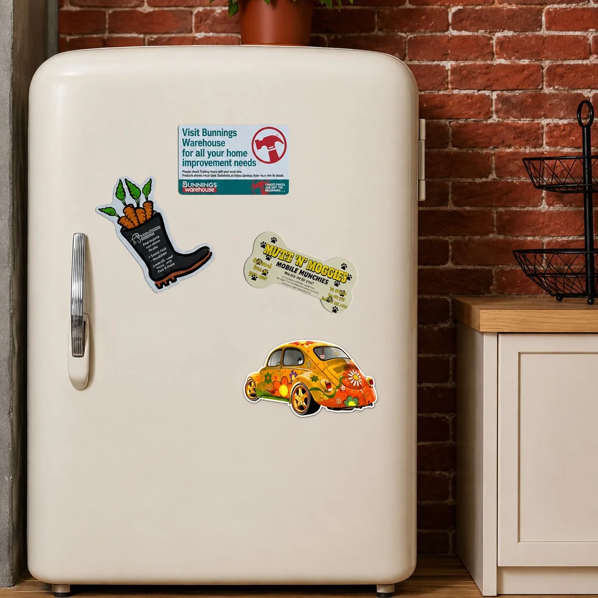 Die-cut giveaway magnets in custom shapes such as a boot, a car and a dog bone on a retro cream fridge