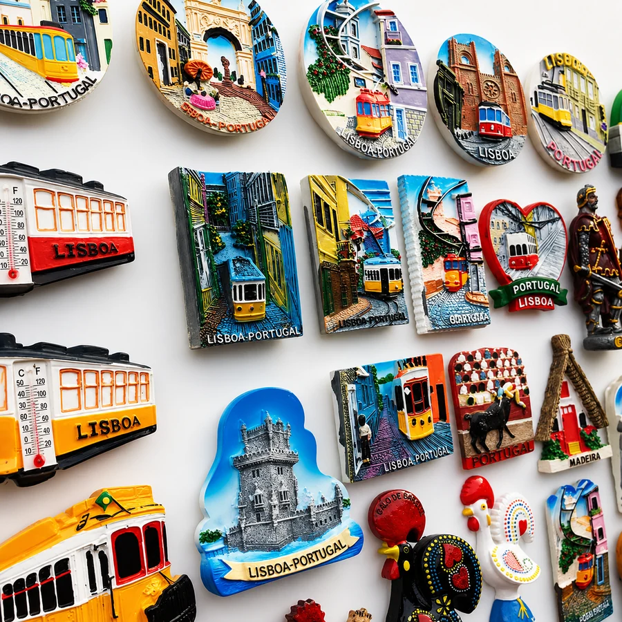 Lisbon souvenir fridge magnets in varied shapes