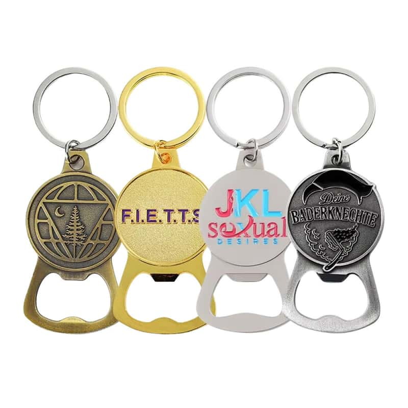 Metal bottle opener keychains with plated finishes