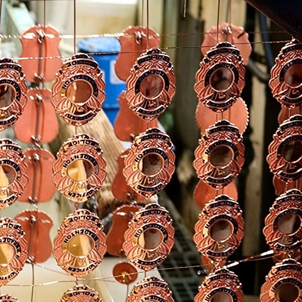 Metal keychain plating rack during the finishing process