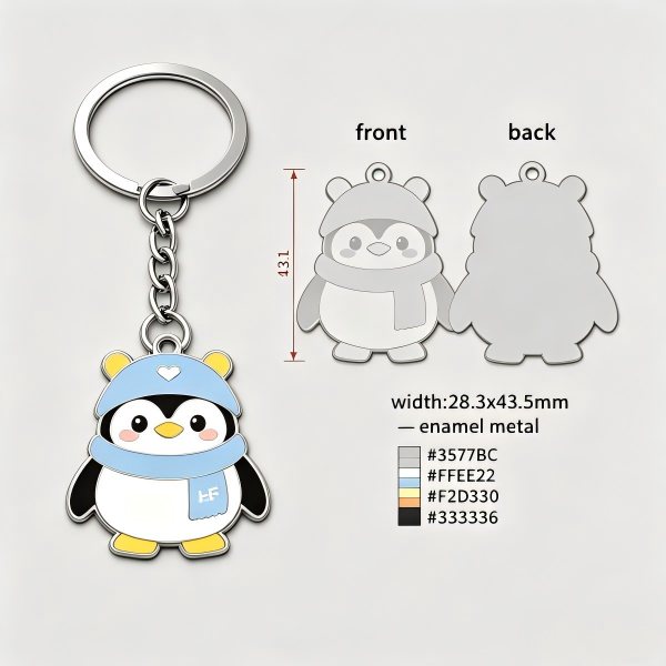 Metal keychain specification sample with front and back artwork