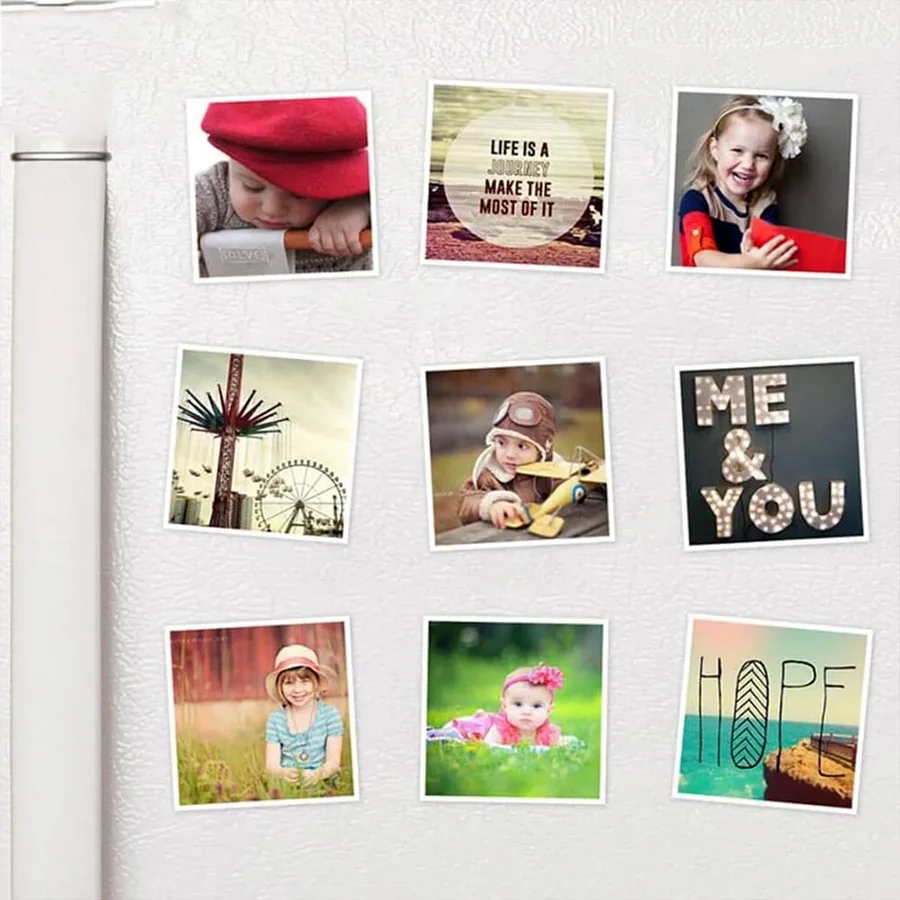 Custom photo fridge magnets on a refrigerator