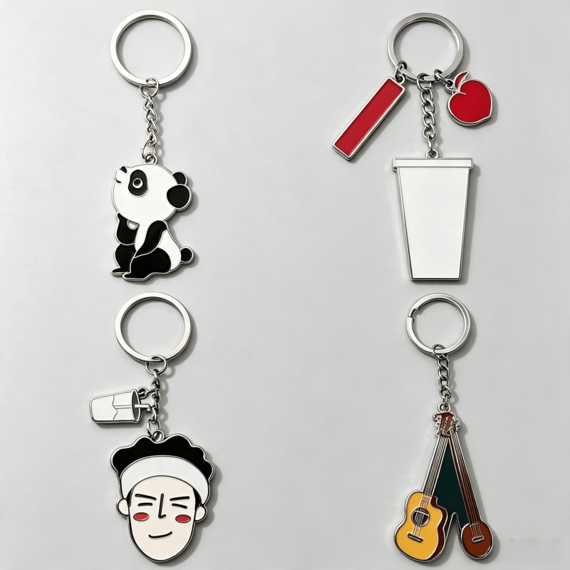 Silver character metal keychains with enamel details