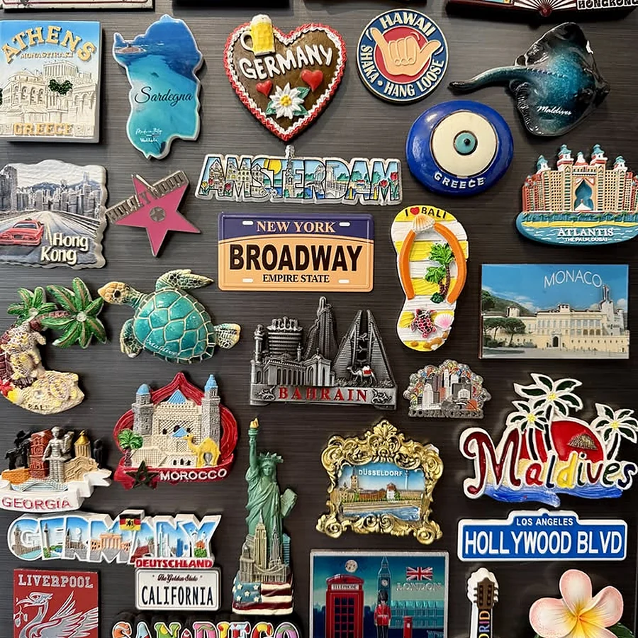 Souvenir fridge magnets used on a magnetic reference surface