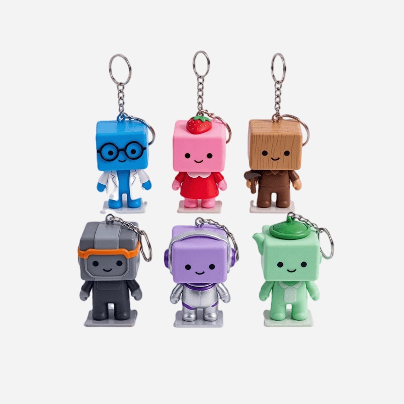 Custom 3D rubber keychains with raised relief block character designs