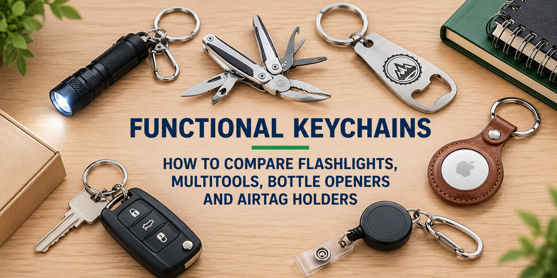 Featured flat-lay for Functional Keychains: How to Compare Flashlights, Multitools, Bottle Openers and AirTag Holders — a black multitool, a flashlight, a leather loop, a wooden blank, a mini compass, a metal plate, a sneaker keychain, and a blue LED torch on a wooden desk