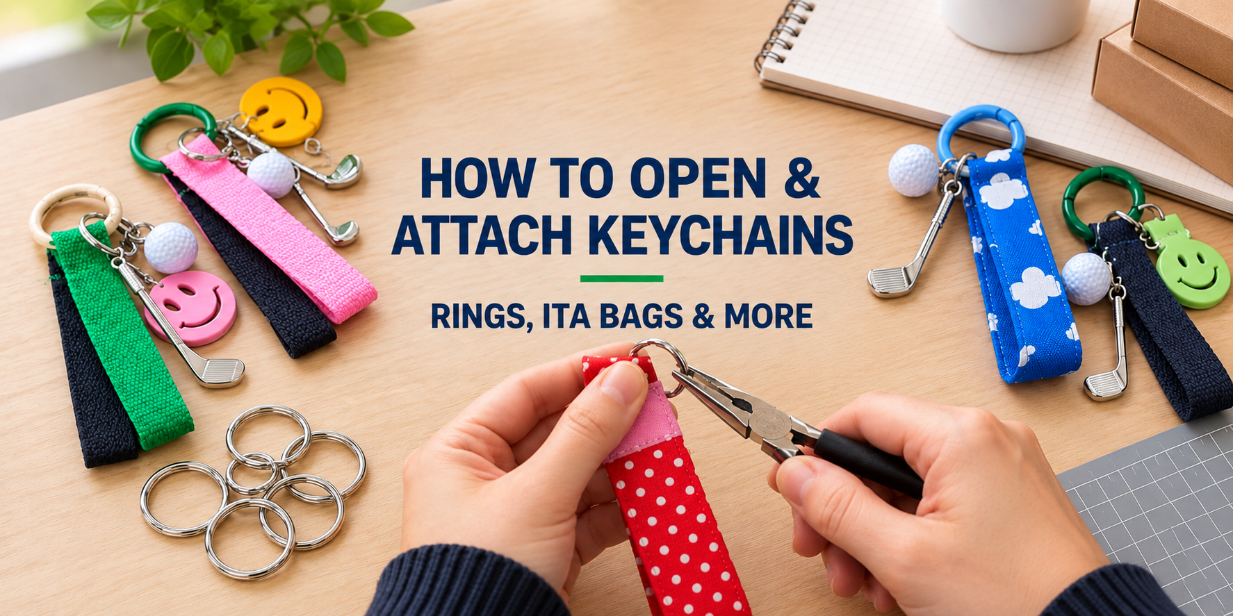 Flat-lay composite of seven keychain tools and styles — hand opening a butterfly split ring, pliers adding a split ring to a fabric keychain, pliers next to fabric keychains, pliers prying open a blue cloud split ring, colorful sports keychains (tennis ball and golf), and a golf keychain with a pink and green strap and club