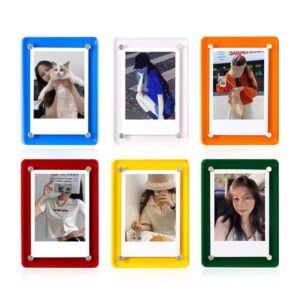 Acrylic magnetic picture frames in blue, clear, orange, red, yellow and green, each holding a mini instant photo