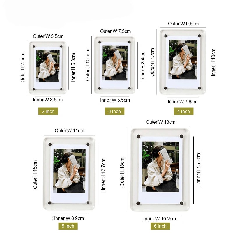 Acrylic magnetic picture frame size range from 2 inch to 6 inch, listing outer width and height against the inner photo window