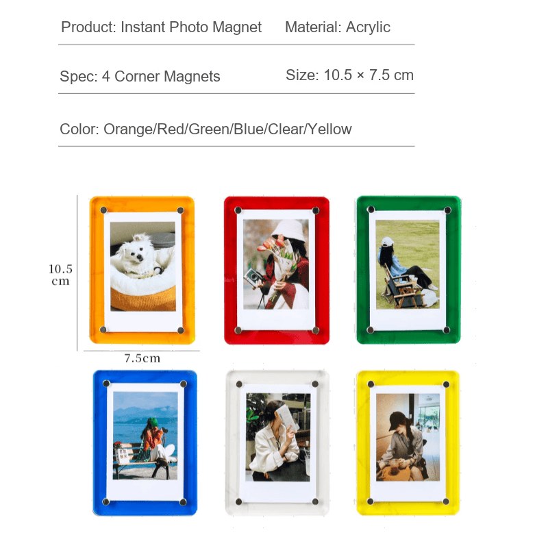 Acrylic magnetic picture frame size chart: 10.5 x 7.5 cm, acrylic material, four corner magnets and six stock colours