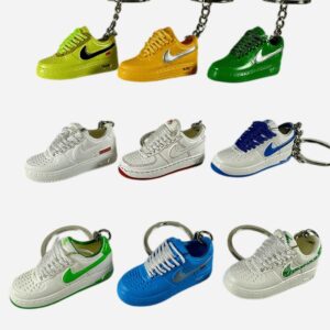 Air Force One shoe keychains in eight stock shades arranged in a grid, one piece standing for each shade