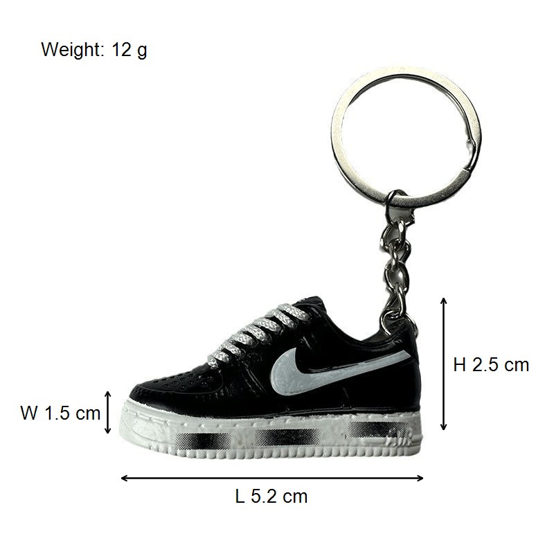 Air Force One shoe keychain dimensions marked on the reference piece: 5.2 cm long, 1.5 cm wide and 2.5 cm high