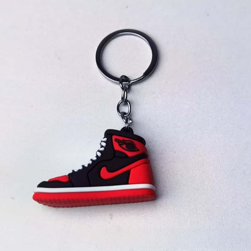 Air Jordan keychains: a 3D mini high-top sneaker keychain cast in red and black soft PVC with a silver-tone ring