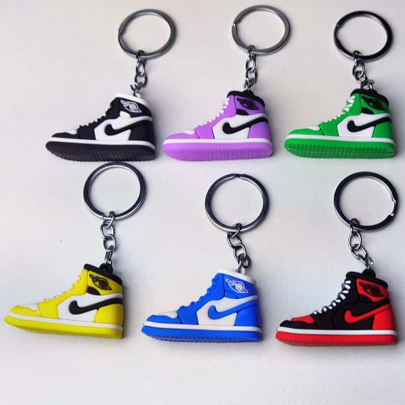 Air Jordan keychains in six stock shades arranged in two rows, each piece with its own split ring
