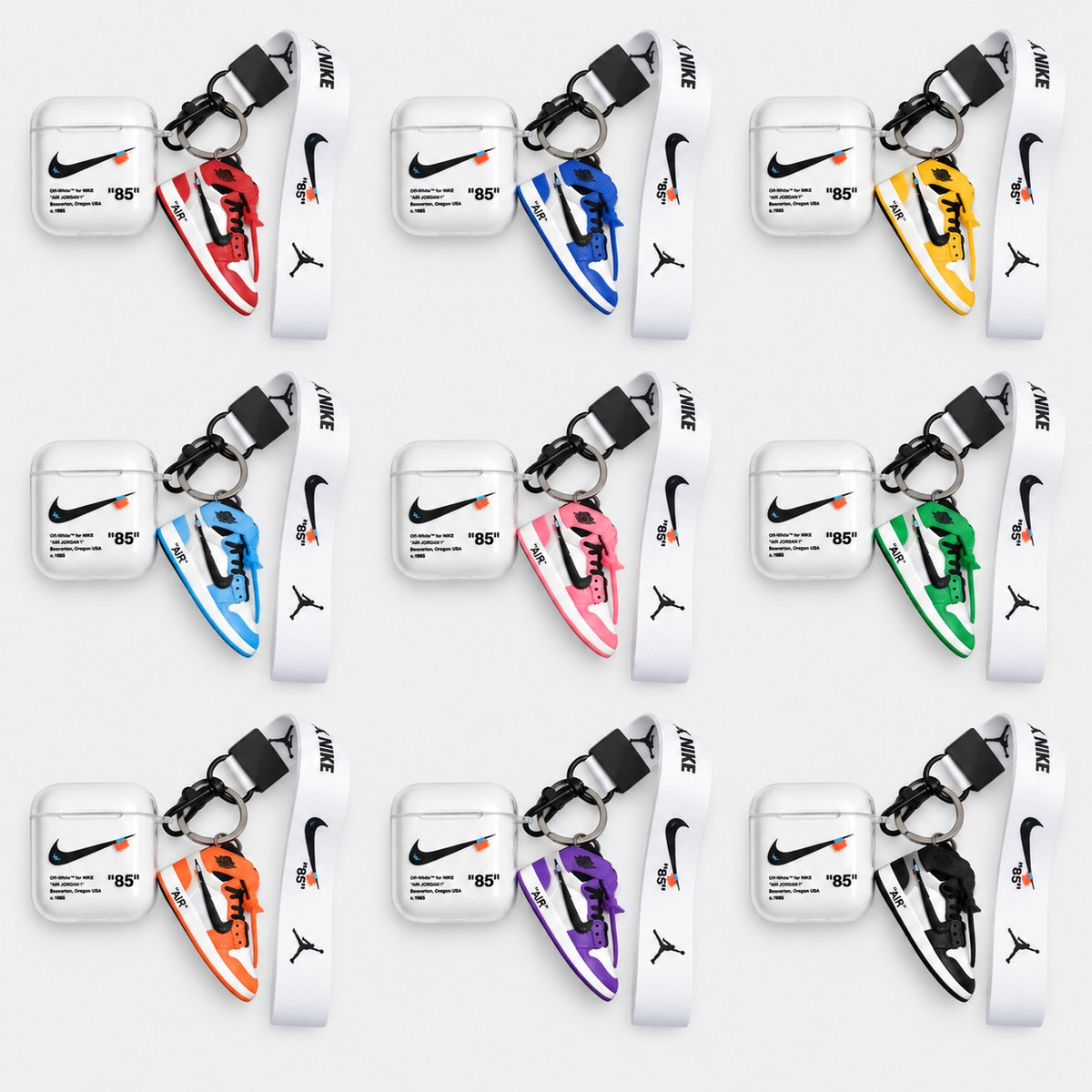 AirPod case with shoe keychain size reference showing a 20 cm set with lanyard