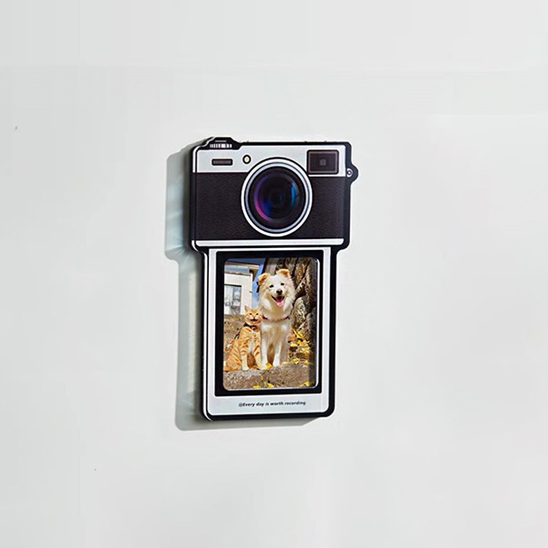 Black instant camera fridge photo magnet with a dog photo