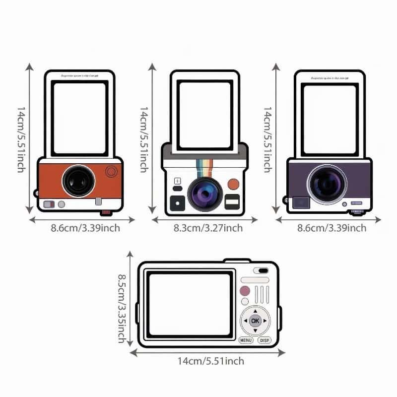 Size chart of the retro camera fridge photo magnets, bodies 8.3 to 8.6 cm tall and 3.4 cm wide