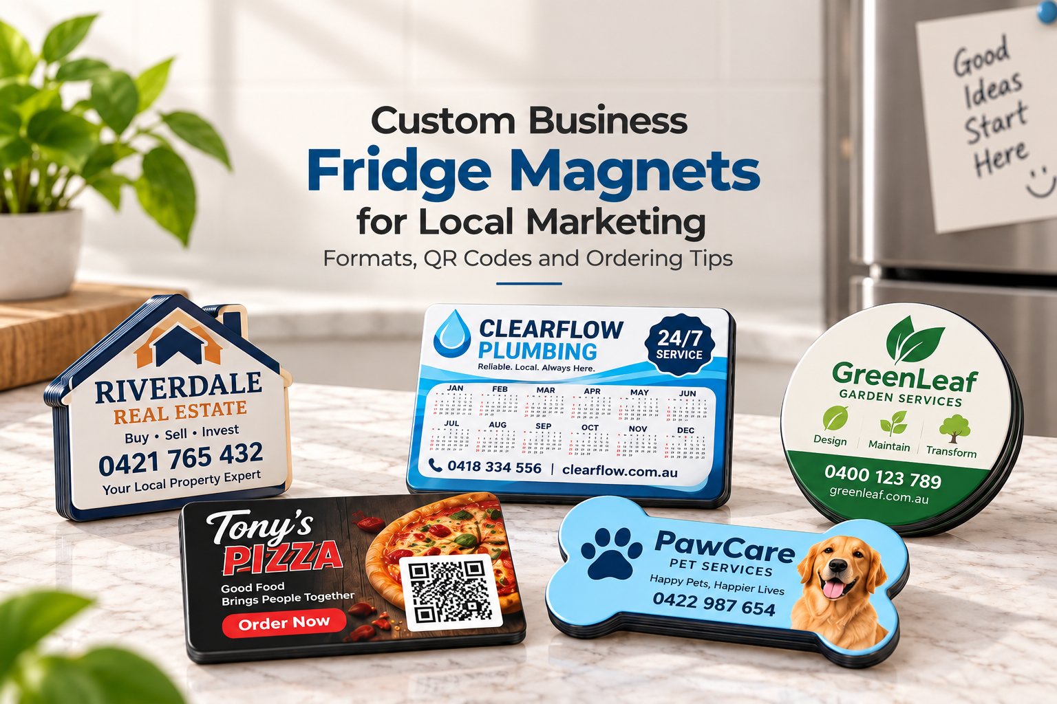 Custom business fridge magnets for local marketing with calendar, QR code and custom shapes