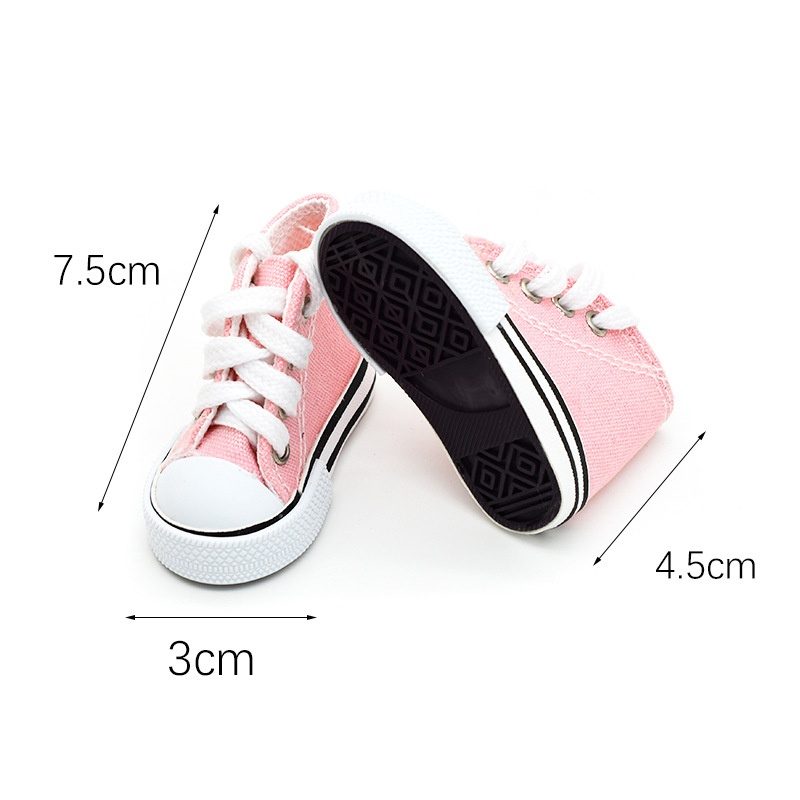 Pink mini canvas shoe keychain measured 7.5 cm long, 3 cm wide and 4.5 cm high