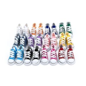 Canvas sneaker keychains in the full twelve-color stock range on a white background